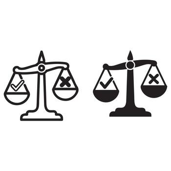Justice scale icons representing choice weighing options and decisions with checkmark and cross symbols vector