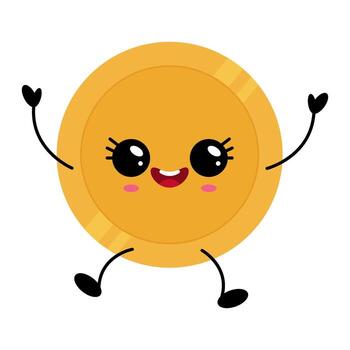Kawaii gold coin character with cheerful expression and playful limbs in a vibrant design vector