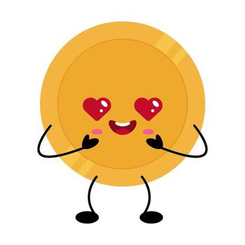 Kawaii gold coin character with heart eyes and arms expressing joy and affection in a playful design vector