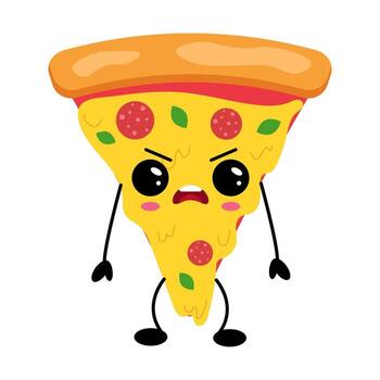 Kawaii pizza slice character with cute facial expression and colorful toppings, playful design vector