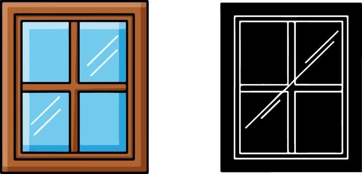 digital ilustración de un sencillo de madera enmarcado ventana, presentado como un vistoso gráfico y un negro y blanco contorno vector