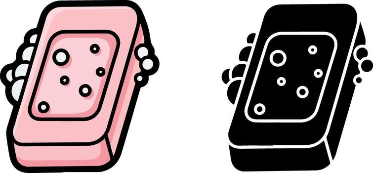 Two icons featuring a bar of soap with bubbles, one in color and one in black and white vector