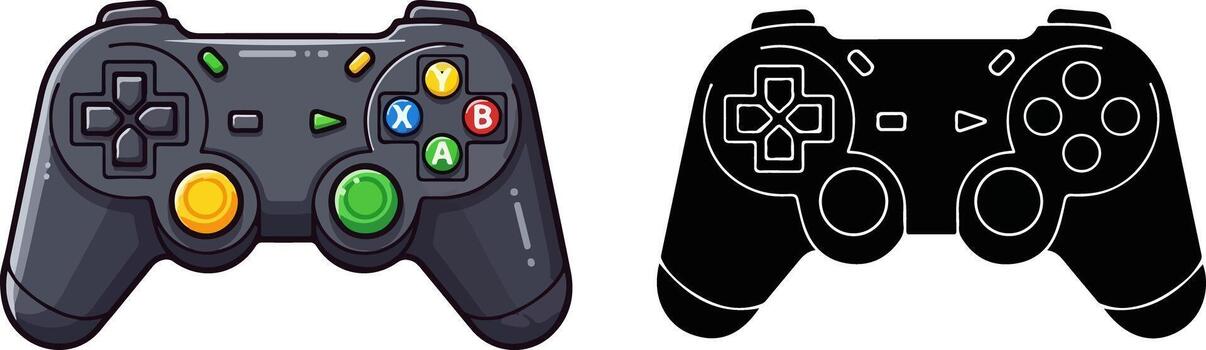 A black game controller in color next to its black and white silhouette, symbolizing digital entertainment and gaming technology vector