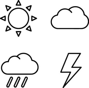 Flat line icon set representing various weather conditions including sun, rain, clouds, and lightning for meteorological purposes vector