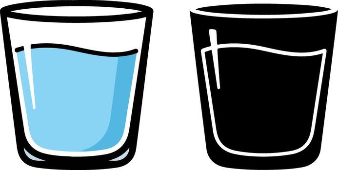 Two simple icons of a glass of water, one in color and one in silhouette, representing hydration and refreshment vector