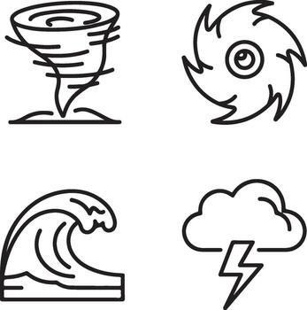 Set of 4 flat line icons representing meteorological phenomena like tornado, hurricane, wave, and storm with lightning for weather forecast vector