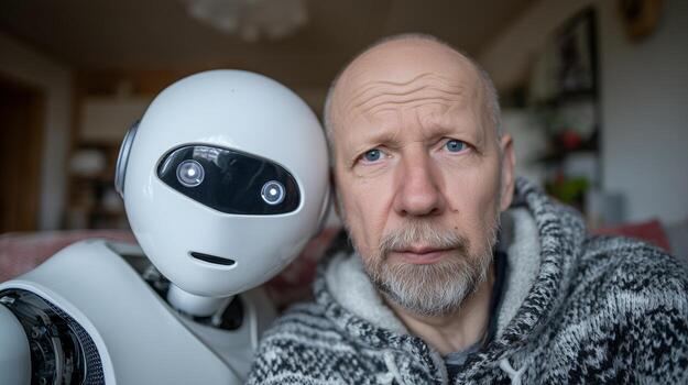 Bald man and robot looking at camera with serious expressions portrait image. Middle aged guy. Robotics helper at home photography human scene. Everyday life concept photo-realistic photo