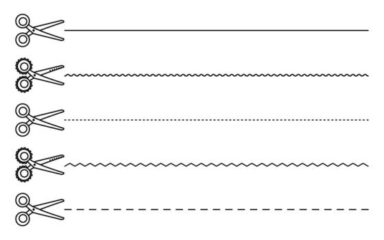 Scissors cutting lines set, elegant and simple black linear shears in various styles and shapes. Cut lines across paper pages, monochrome bundle vector