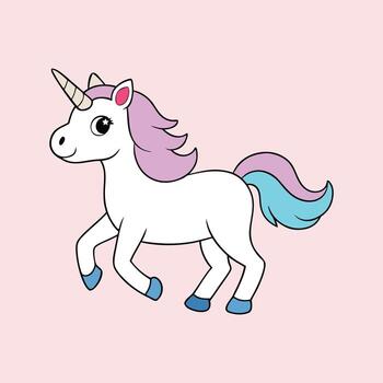 Charming cartoon unicorn with flowing mane and tail on a soft pink backdrop vector