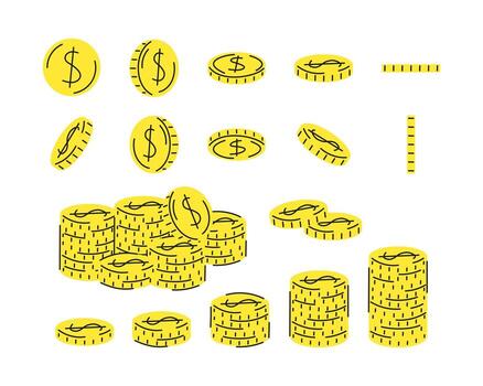 Set of Gold coin dollar symbols rotating in different angles and piled up. money, coin. Finance elements vector
