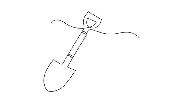 Single line drawing of a shovel partially submerged in wavy lines digging gardening vector