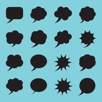 Speech and Thought Bubble Silhouette Set 16 Black Icons with Varied Shapes on Light Blue Background for Comics, UI, and Visual Storytelling vector