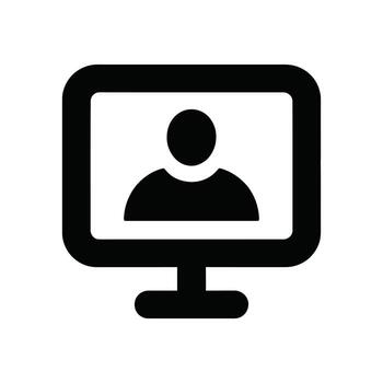 Black computer monitor icon displaying a person, simple illustration on white background vector