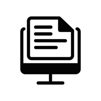 Black monitor displaying document with folded corner, icon on white background vector