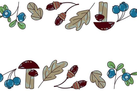 rectangular marco de hongos, otoño hojas, arándanos todas objetos son dibujado a mano en . el ilustración es adecuado para impresión en tela, papel, para producto embalaje diseño vector