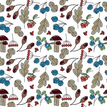 Seamless pattern of autumn leaves, rowan berries, mushrooms and blueberries. All objects are hand-drawn in . The illustration is suitable for printing on fabric, paper, textiles, design. vector