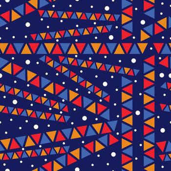 Seamless pattern with triangles and white circles of fresh colors on dark blue background. Repeating texture vector