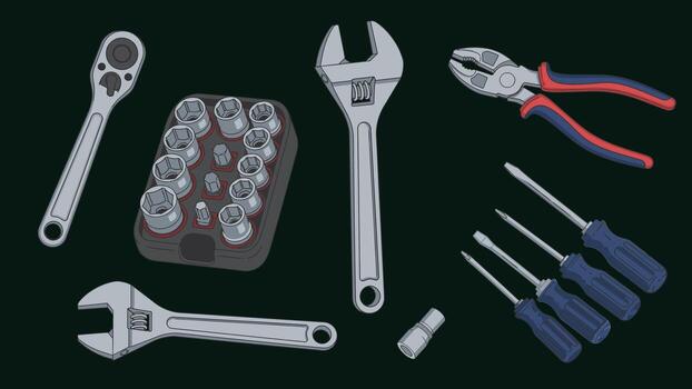 ilustración exhibiendo varios metálico herramientas en un oscuro fondo haz diseño vector