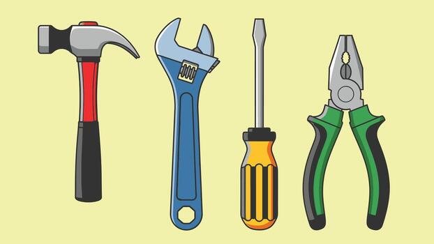 Assorted hand tools hammer wrench screwdriver and pliers bundle design vector
