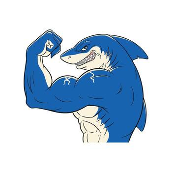 Blue cartoon shark flexing its muscular arm with a fierce expression on white bundle design vector