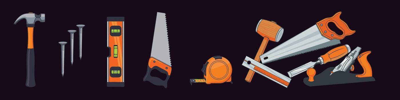 Illustration showing an assortment of tools on a dark background bundle design vector