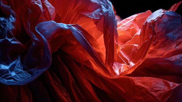 Wrinkled, layered fabric illuminated by red and blue. Abstract photo