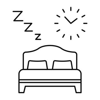 Minimal line icon of bed with pillows, clock and sleep symbol ZZZ. Editable stroke. Simple outline illustration representing sleep, rest, bedtime, insomnia, night routine, relaxation, comfort concept vector