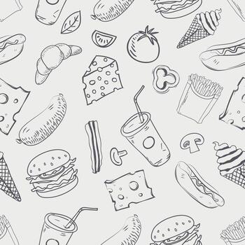 un sin costura modelo antecedentes modelo en el tema de rápido comida y alimento, incluso imágenes de un hamburguesa, caliente perro, y francés papas fritas, en un blanco antecedentes. vector