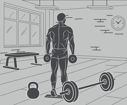 Black and white icon of a bodybuilder performing exercises on a machine in a gym vector