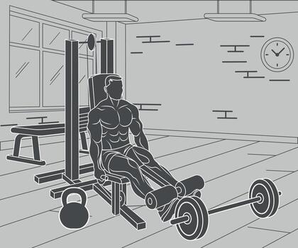 Monochrome black and white icon of a bodybuilder performing an exercise with a dumbbell and a barbell against the background of a gym vector