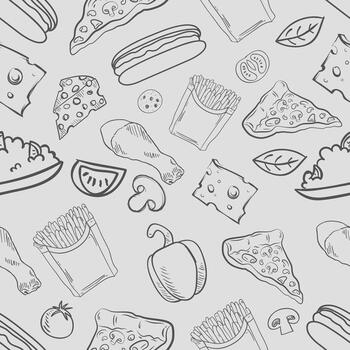 un sin costura modelo antecedentes en el tema de rápido comida y alimento, incluso imágenes de un hamburguesa, caliente perro, y francés papas fritas, en un gris antecedentes. vector