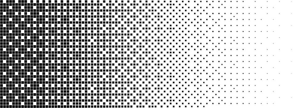 Checkered halftone texture background. Square dot faded gradation wallpaper. Black and white squared pixels. Abstract glitchy 8 bit game backdrop. Comic bitmap dither screen tone overlay vector