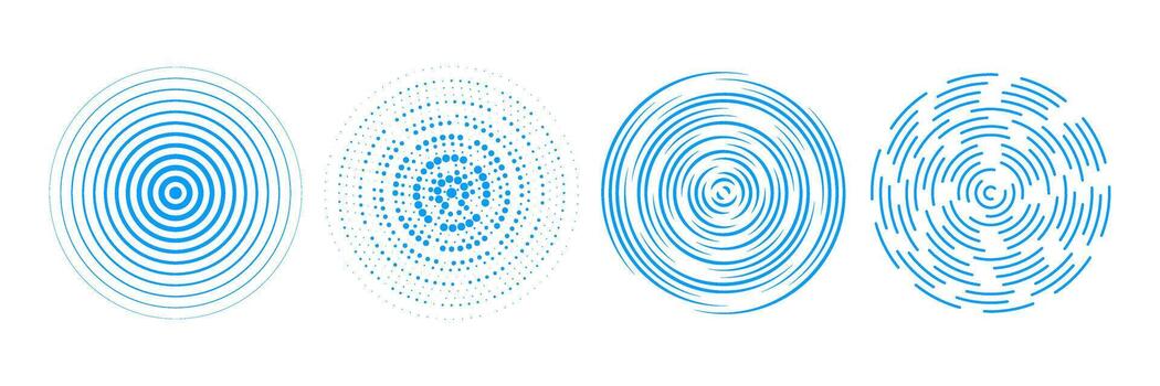 Blue radial concentric circle set. Halftone, dashed and dotted rings for epicenter, target, radar, earthquake, tsunami symbol. Rippled expansive vibration elements. Sound wave signal collection vector