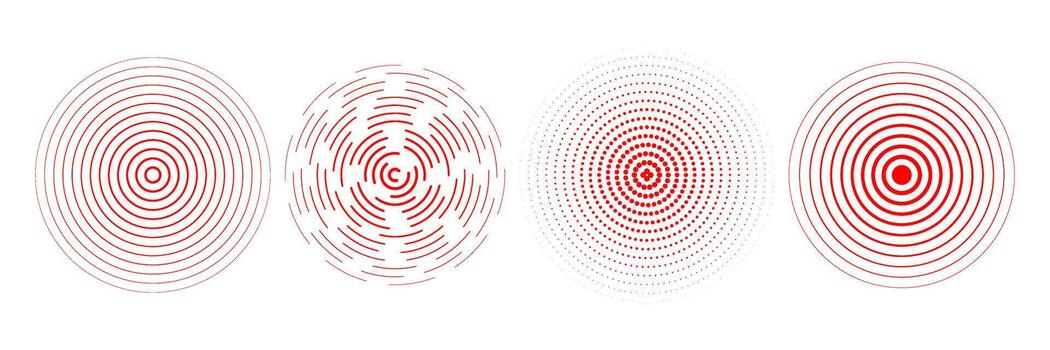 Red radial concentric circle set. Rippled, dashed and dotted rings for epicenter, target, radar, earthquake shockwave symbols. Sound wave signal collection. Expansive vibration elements vector
