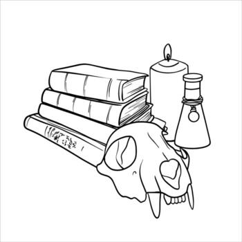 Contour illustration of a stack of books with Skull with Candle. Line drawing for Halloween. Hand drawn illustration in gothic themes. Bones painted by black inks. Books and skull sketch vector