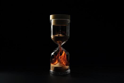 Concept of time and chaos represented by burning sand in an hourglass photo