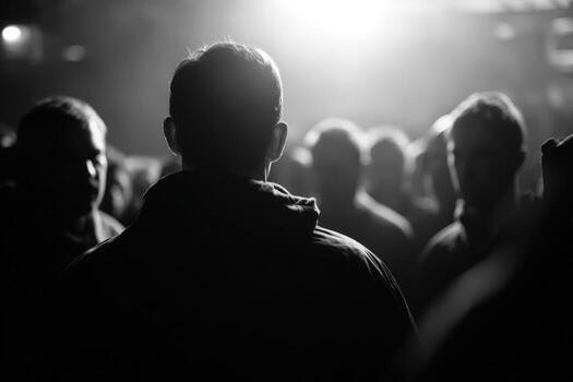 Man stands firmly in a tense standoff surrounded by a crowd at an unknown location photo
