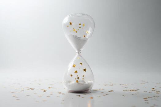 Hourglass filled with stars representing time and wonder in a serene setting photo