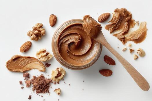 Swirls of nut butter and scattered nuts on a clean white surface photo