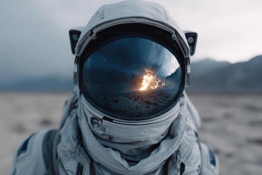 Astronaut stands in barren desert landscape watching distant explosion at twilight photo