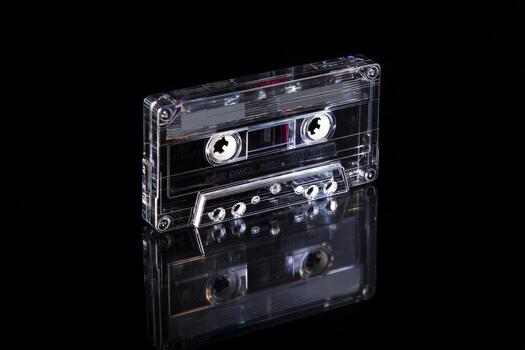 Unique view of a transparent cassette tape reflecting on a dark surface photo