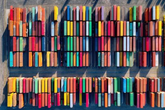 Colorful shipping containers stacked at a busy port in daylight photo