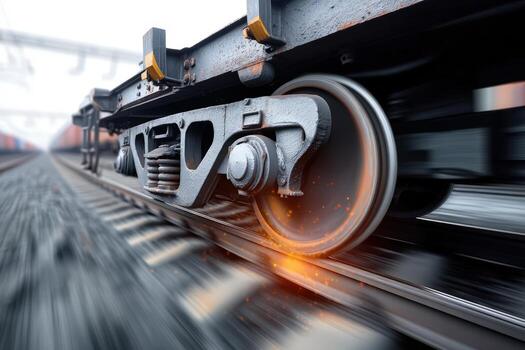 Train wheel in motion on railway tracks during daytime travel photo