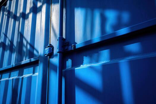 Bright blue shipping container close-up showcasing details and textures photo