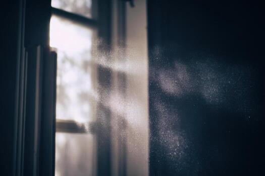 Dust particles dancing in sunlight streaming through an open window photo