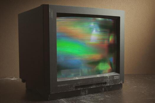 Old CRT monitor displaying colorful digital interference patterns in a dim setting photo