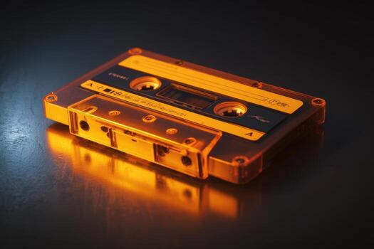 Cassette tape with illuminated orange glow on dark surface setting photo
