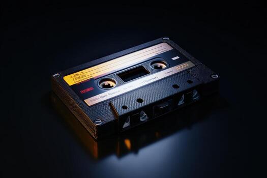 Classic cassette tape resting on a dark surface with soft lighting photo