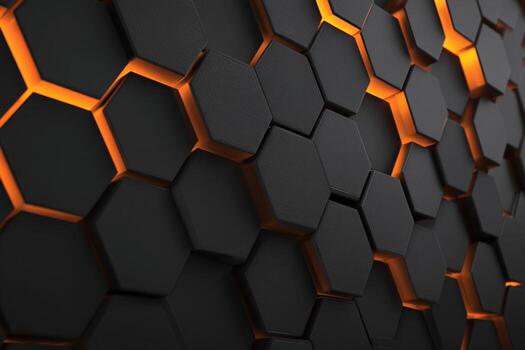 Dynamic black and orange polygon surface showcasing hexagonal patterns photo