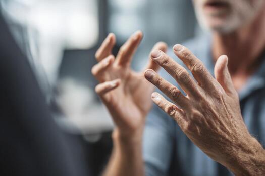 Person communicates using sign language in a modern office setting photo